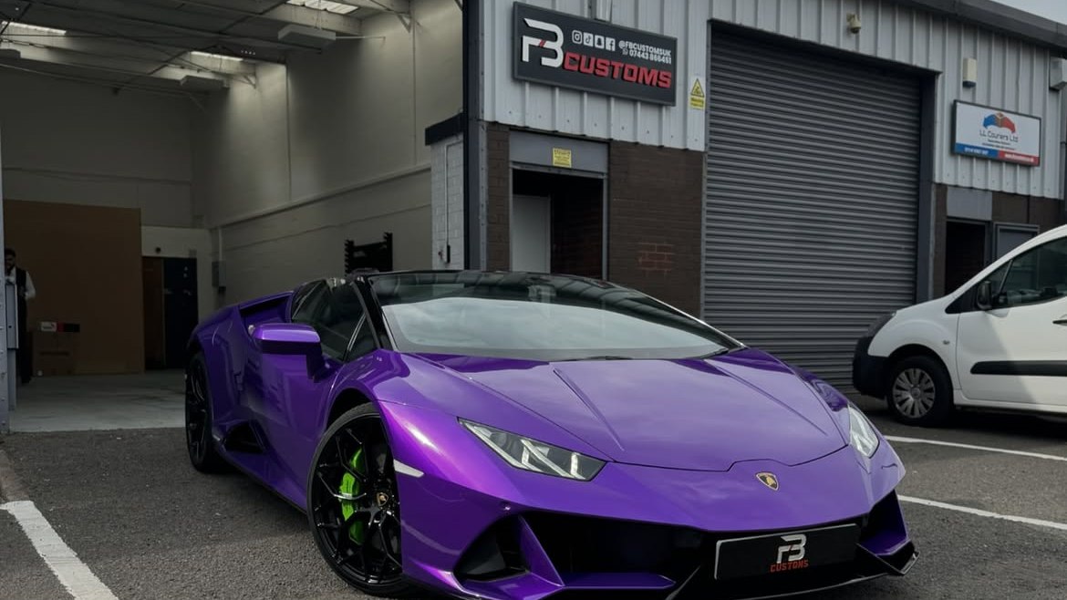 Purple Lamborghini outside the FB CUSTOMS workshop in Sheffield