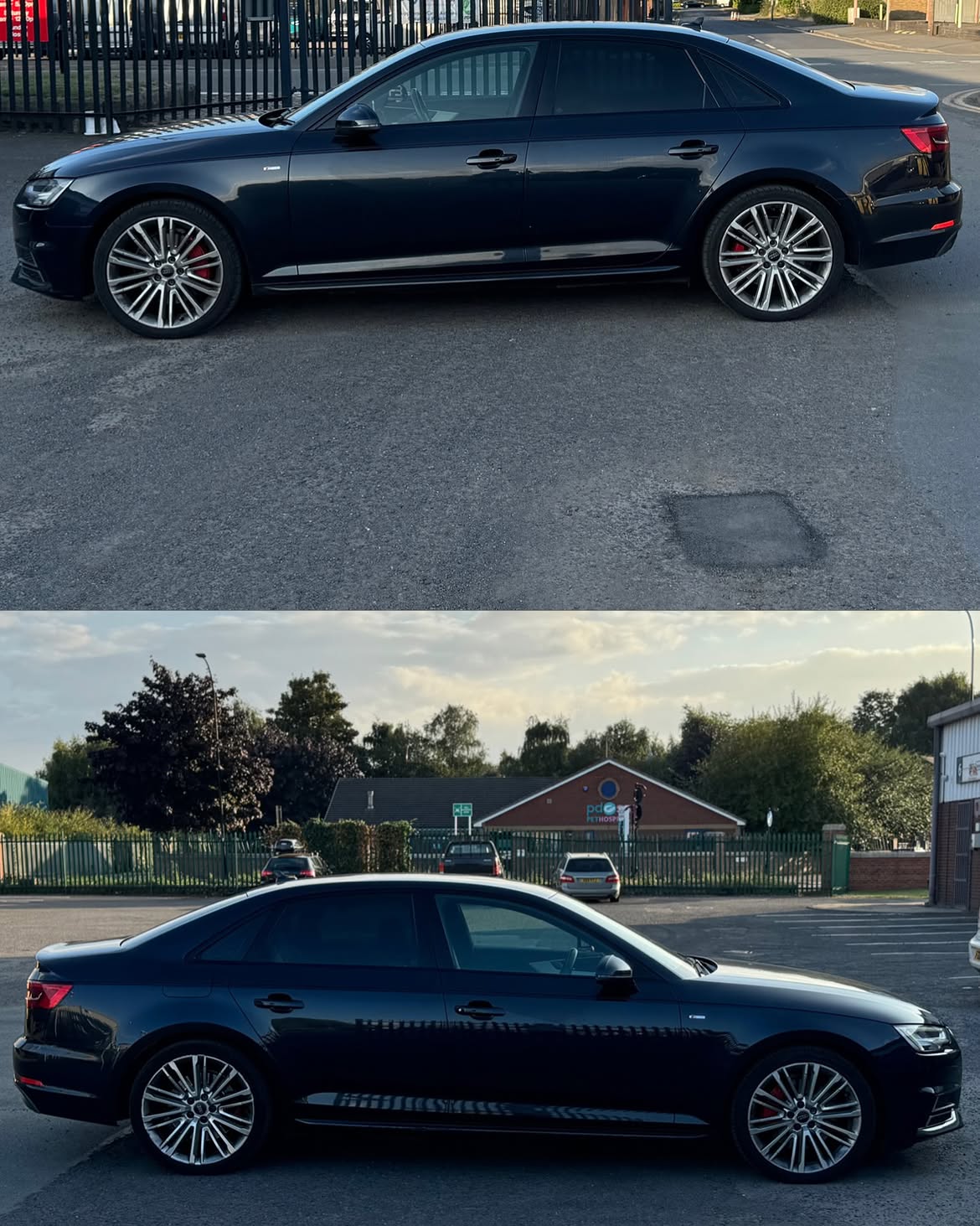 Audi with dark window trim after dechroming, shown from two sides